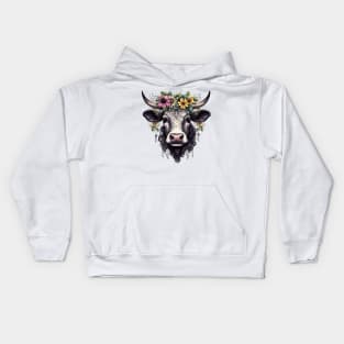 Black Cow with Flowers #5 Kids Hoodie